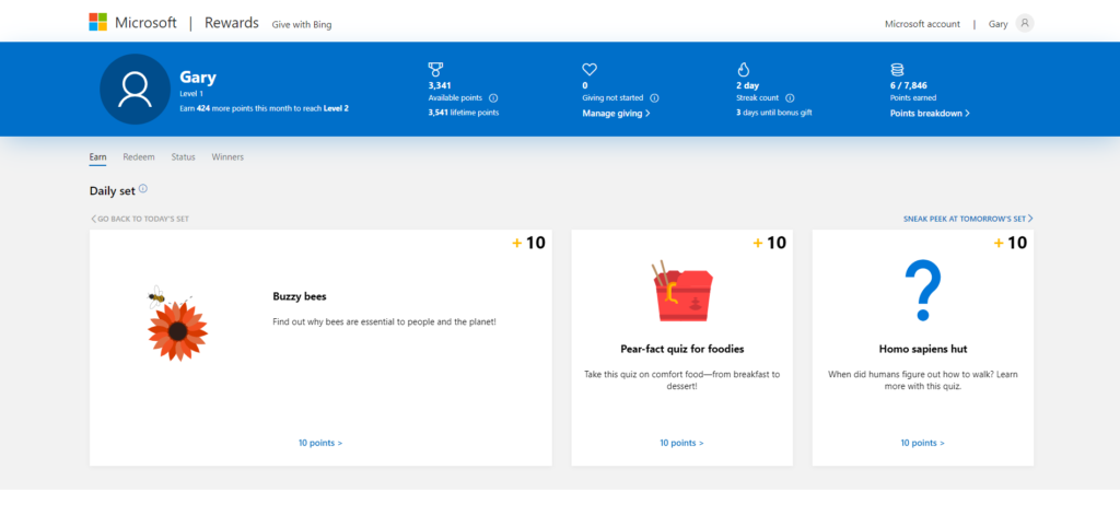 Microsoft Rewards rewards page.